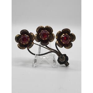 Vintage Red Glass Floral Spray Brooch Brass Tone Art Deco Flower 1935 to 1950s